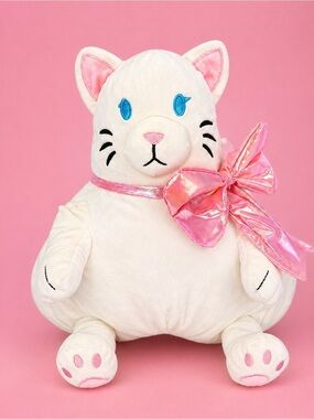 🧸 2/$58 WAY TO CELEBRATE NWT Adorable Large Cream Cat Plush Holographic Pink Bow